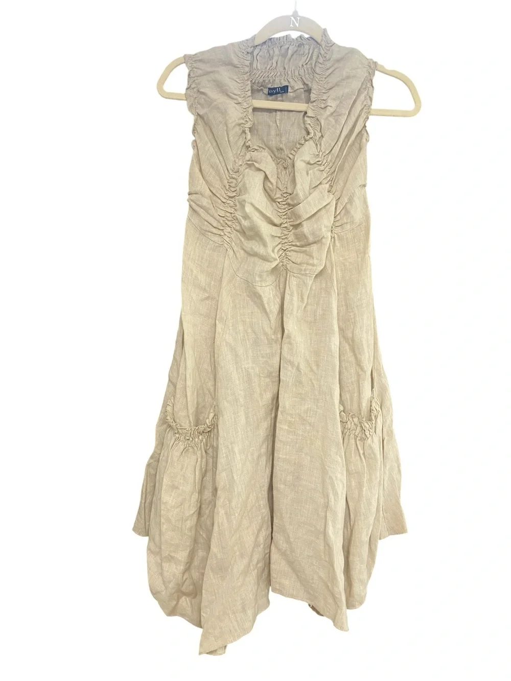 NYLL Italia 100% Linen Parachute Dress Flax Size M Ruched Boho Lagenlook Casual